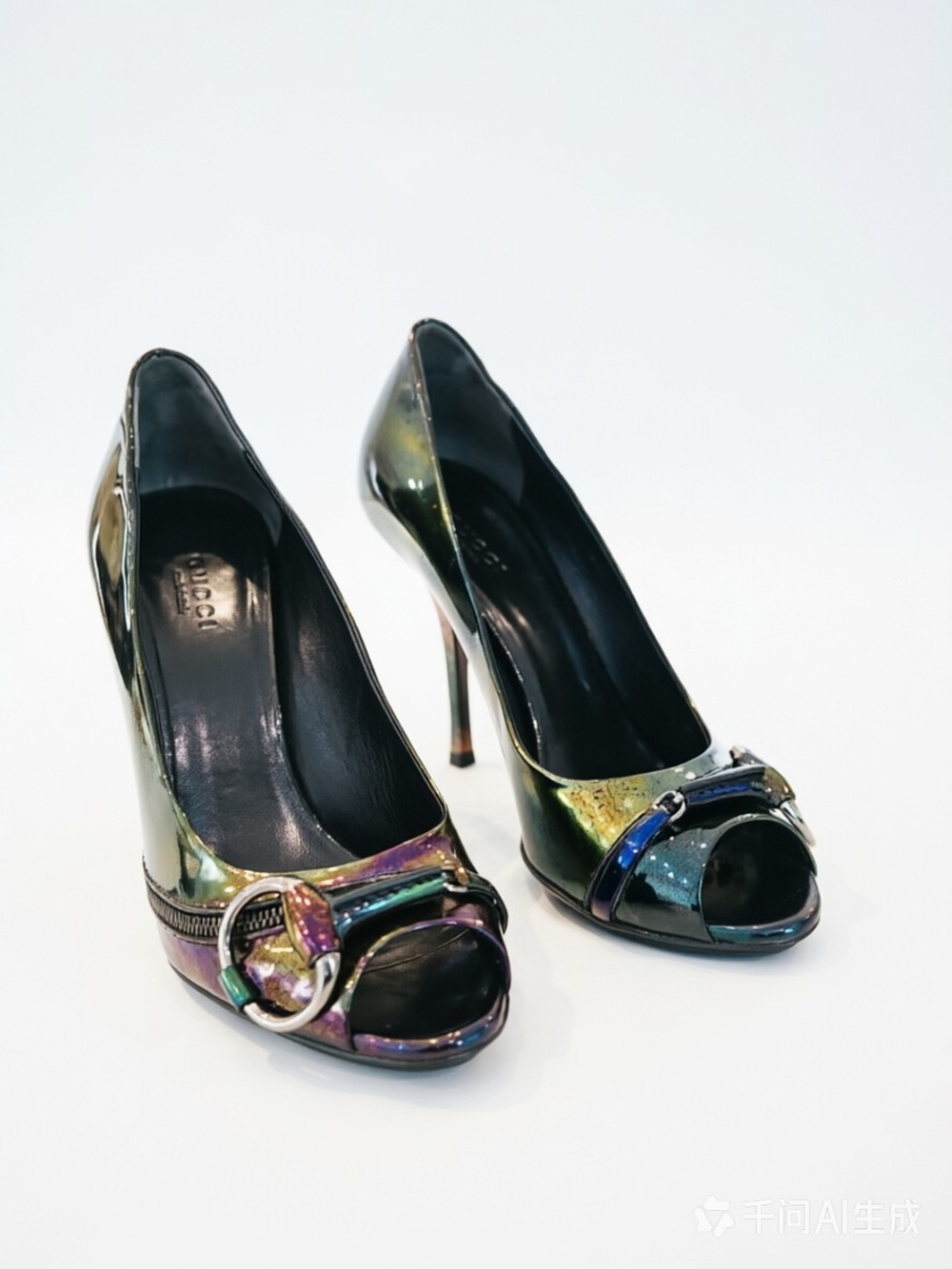 Gucci Iridescent Peep-Toe High Heels with Buckle